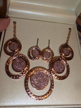 Kim Rogers rose gold and druzy double circle necklace and earring set NEW